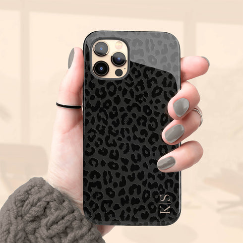 Black Leopard Custom Initials iPhone Case - Vertical